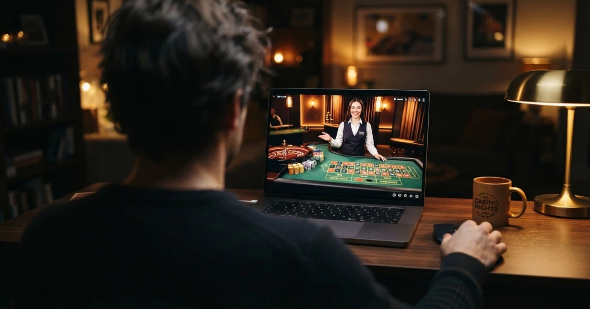 Un croupier en tenue professionnelle anime une table de jeu diffusée en direct, visible sur l'écran d'un ordinateur ou d'un smartphone.