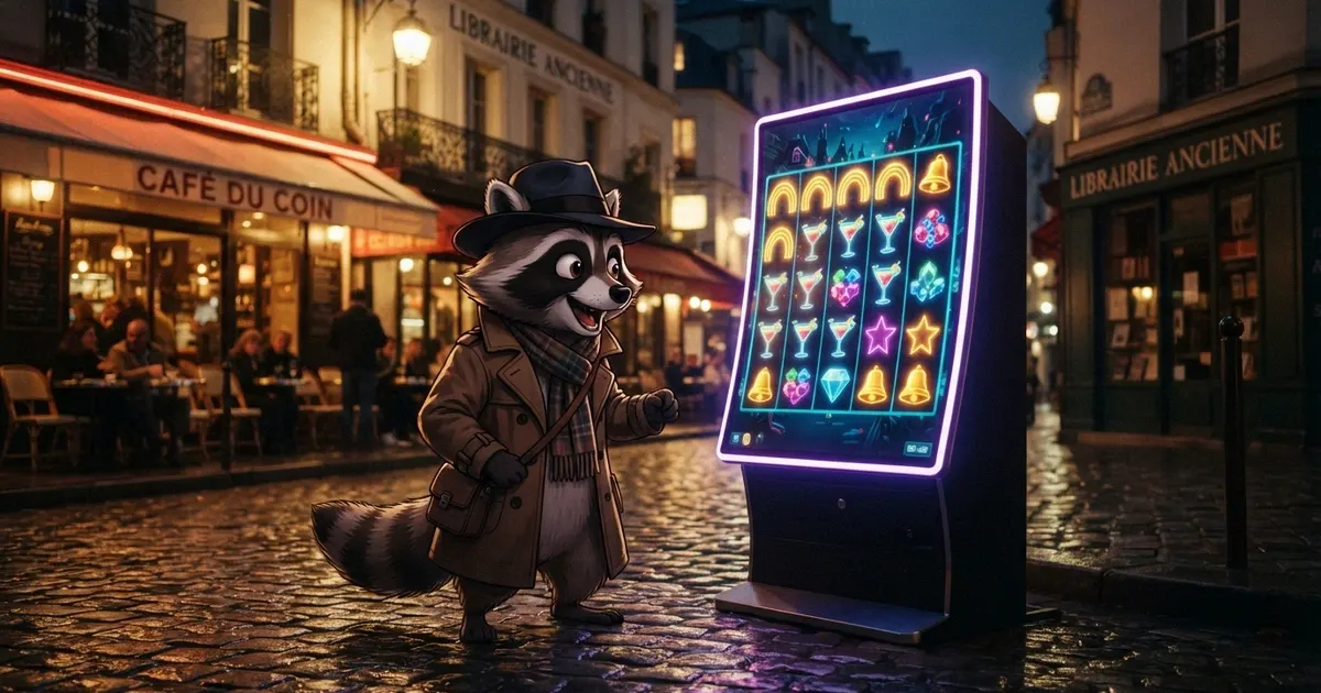 Machine à sous Le Bandit de Hacksaw Gaming, grille 6×5 avec le raton laveur Smokey sur fond de rues parisiennes