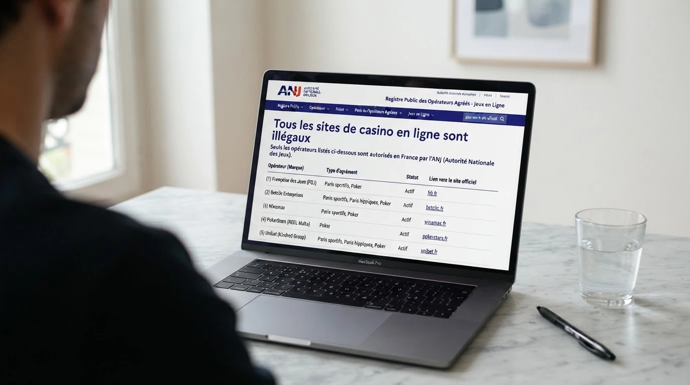 Une page du site officiel de l'ANJ affichant la mention « tous les sites de casino en ligne sont illégaux » à côté de la liste des opérateurs agréés