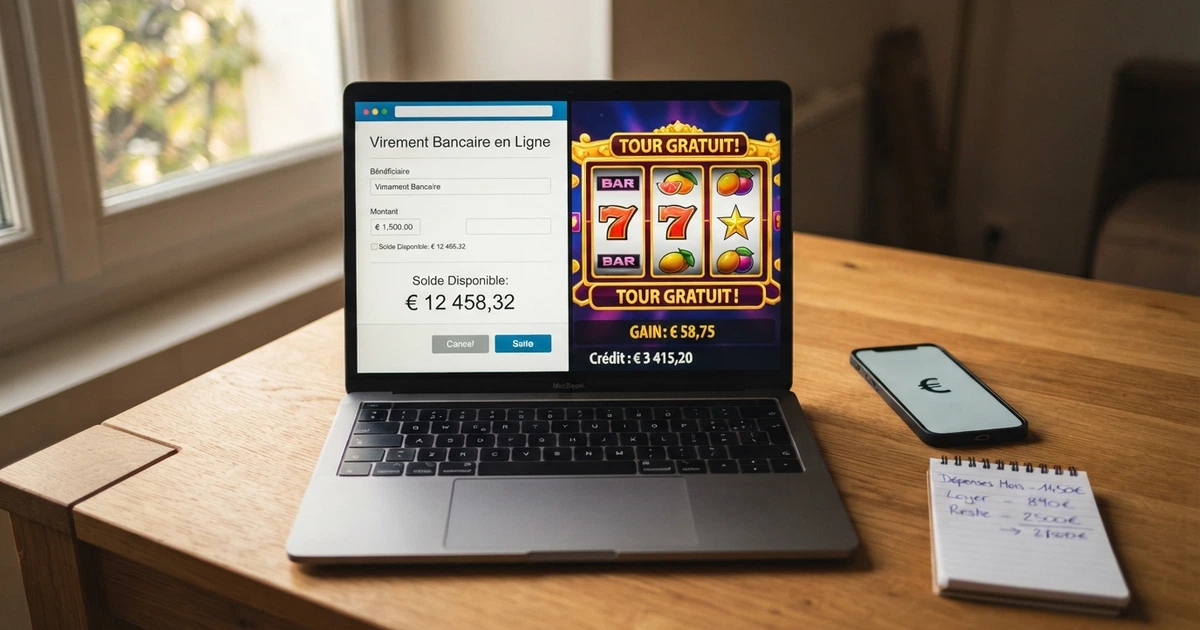 Un écran partagé entre l'interface d'un virement bancaire SEPA sur un ordinateur et la page d'accueil d'un casino en ligne, un smartphone posé à côté affichant une calculatrice