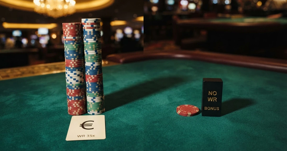 Deux colonnes comparant un bonus classique à wager x35 et un bonus 0x, avec des jetons empilés représentant le chiffre d'affaires exigé par le premier