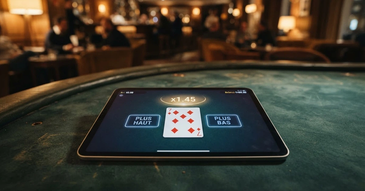 Une table de casino en ligne affichant une interface de jeu Hi-Lo avec une carte retournée au centre, un multiplicateur visible et des boutons « Plus haut » et « Plus bas »