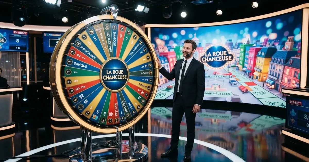 La roue physique de Monopoly Live avec son croupier en direct dans un studio Evolution Gaming, le plateau 3D de Mr Monopoly en arrière-plan
