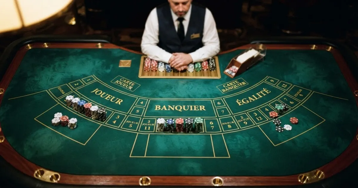 Table de baccarat live vue du dessus avec les zones de mise Joueur, Banquier et Égalité, croupier en arrière-plan