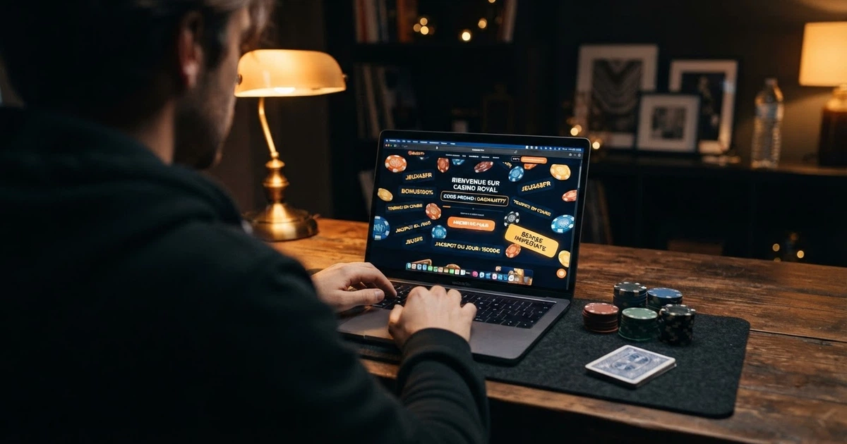 Illustration de codes promotionnels de casinos en ligne disposés sur un écran, avec des jetons et des cartes en arrière-plan