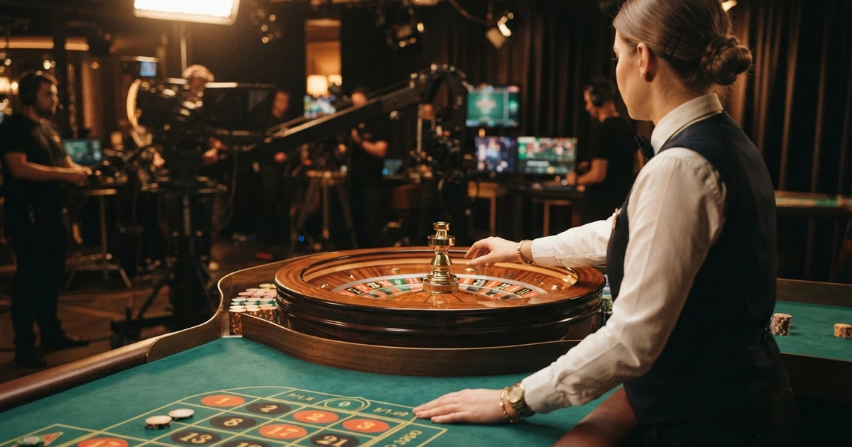 croupier en direct devant une table de roulette filmée en studio, à l'écran d'un casino en ligne