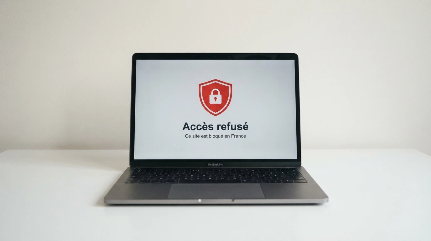 écran affichant un message de blocage d'un site de casino en ligne, sur un ordinateur portable