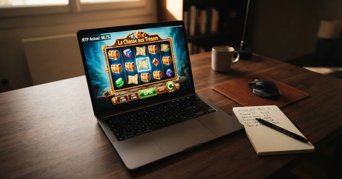Écran affichant un classement de casinos en ligne avec leurs taux de redistribution, une calculatrice et un document officiel de l'ANJ en arrière-plan