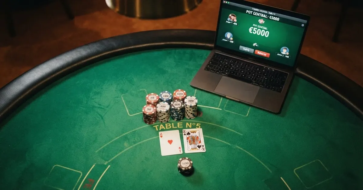 Une table de poker de casino vue du dessus avec des jetons, des cartes et un écran d'ordinateur portable affichant une interface de poker en ligne en arrière-plan