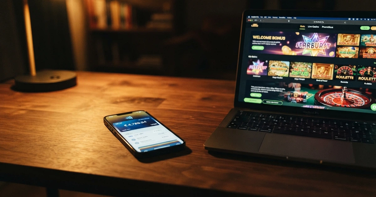 Un iPhone affichant l'interface de paiement Apple Pay avec l'icône Wallet, posé à côté d'un écran d'ordinateur montrant un lobby de casino en ligne