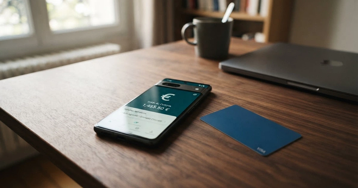 Interface de l'application BoursoBank affichée sur l'écran d'un smartphone posé à côté d'une carte bancaire Visa
