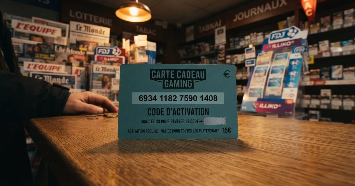 Un bon prépayé Cashlib et son code à 16 chiffres posés sur un comptoir