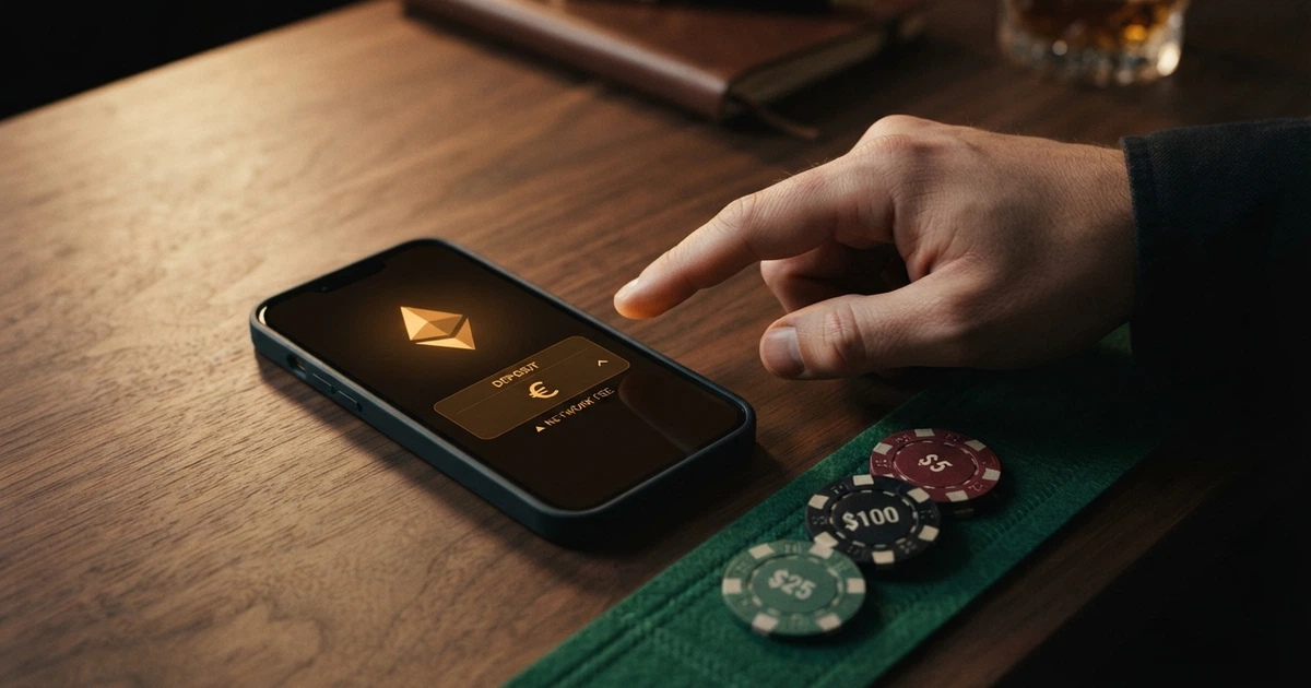 Un portefeuille Ethereum affiché à côté d'une grille de casino en ligne, avec des jetons ETH et un bouton de dépôt
