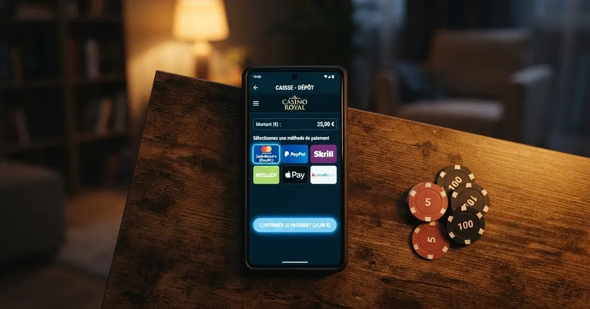 Capture d'écran de la caisse d'un casino en ligne affichant Jeton parmi les méthodes de paiement disponibles, à côté d'un smartphone