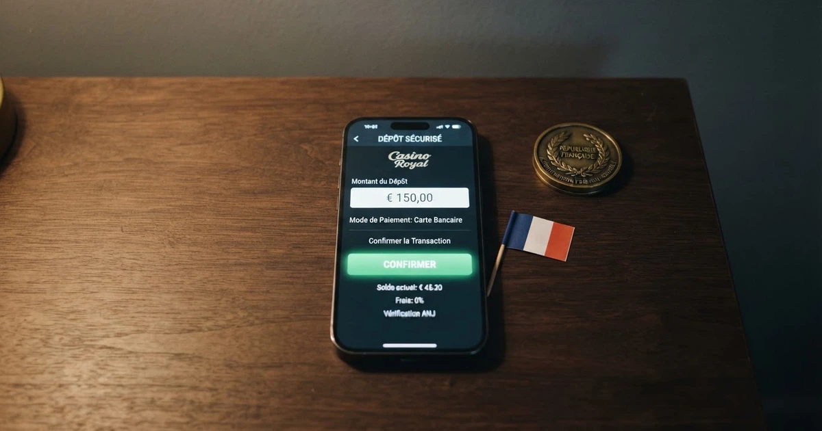Un smartphone affichant la page de dépôt d'un casino en ligne avec le logo Klarna et le logo de l'ANJ en contraste, sur fond de drapeau français.