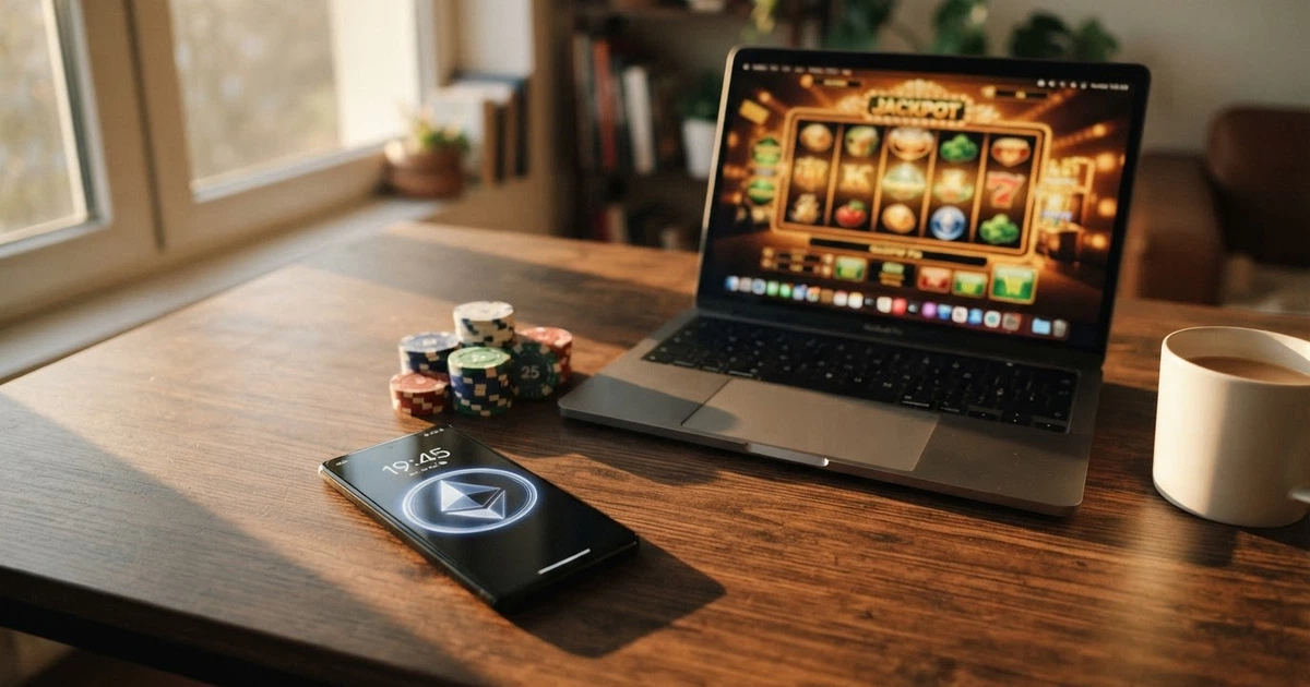 Un portefeuille Litecoin affiché sur l'écran d'un smartphone posé à côté d'un ordinateur portable, avec une interface de casino en arrière-plan