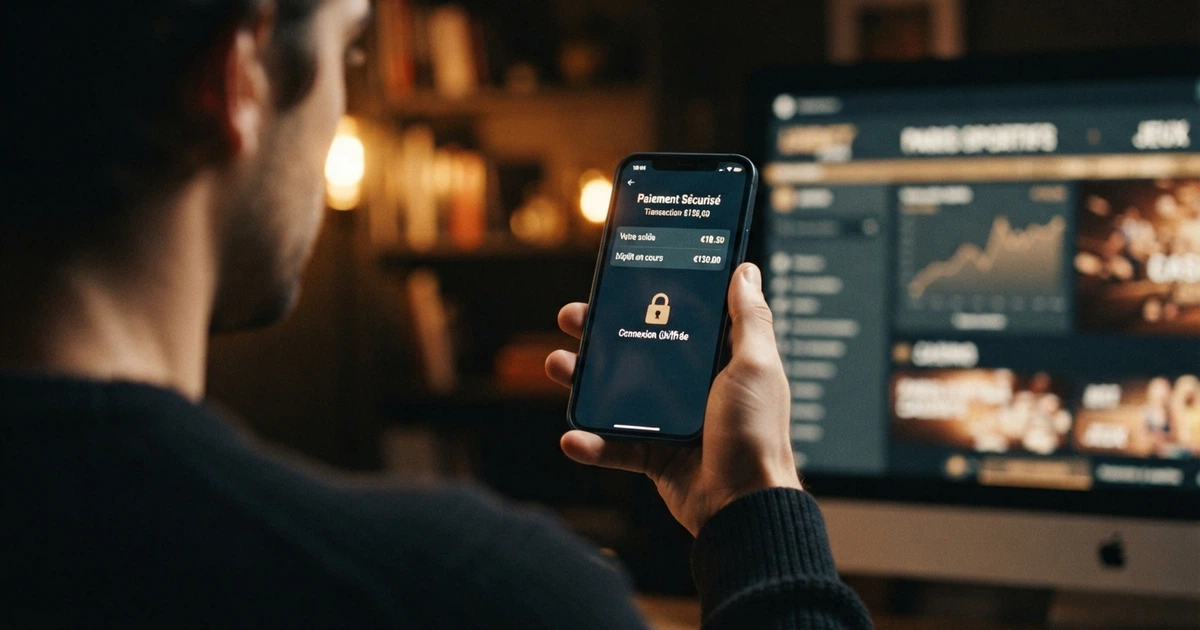 Un joueur tenant un smartphone affichant une page de paiement par carte bancaire Mastercard, avec un cadenas de sécurité visible à l'écran