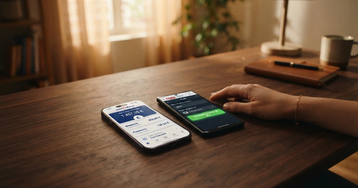 Téléphone affichant l'application N26 ouverte sur l'écran de compte à côté d'un navigateur mobile montrant la page de dépôt d'un casino en ligne