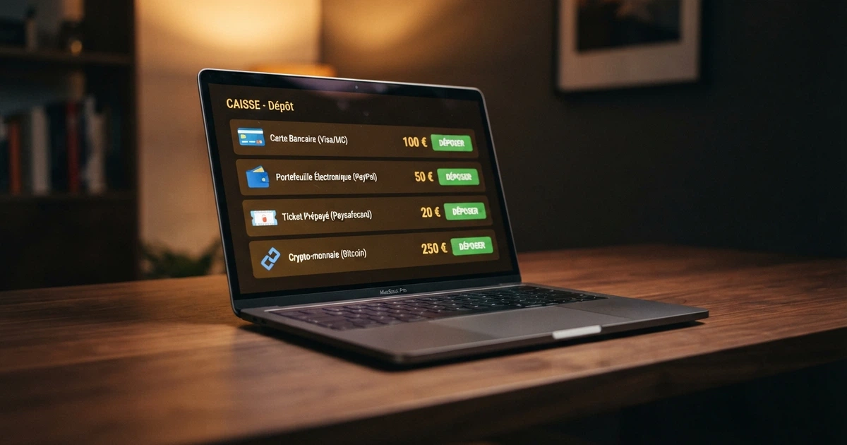 Interface de caisse d'un casino en ligne affichant les options de dépôt par carte bancaire, portefeuille électronique, carte prépayée et cryptomonnaie