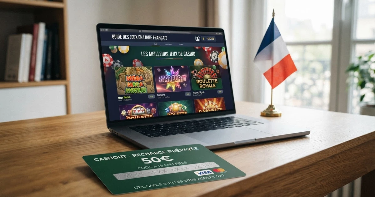 Un écran affichant la page d'accueil d'un casino en ligne, juxtaposé au logo de l'ANJ et à une carte paysafecard, sur fond de drapeau français