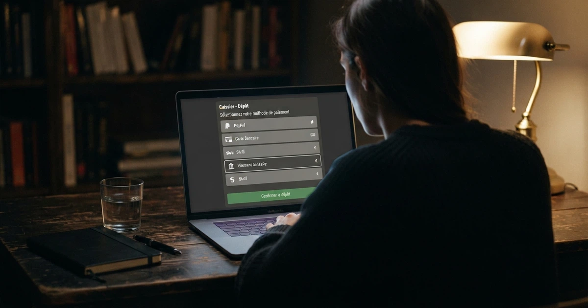 Interface de caisse d'un casino en ligne affichant l'option de paiement par virement bancaire SEPA à côté d'autres méthodes de dépôt