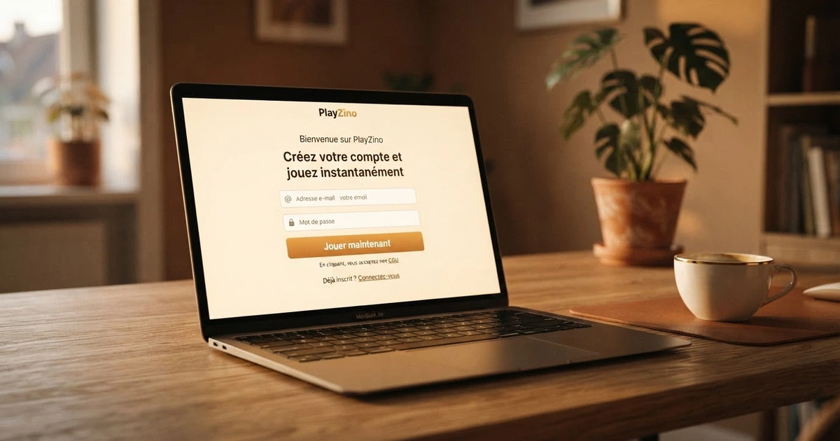 Écran d'ordinateur affichant la page d'accueil d'un casino en ligne avec un formulaire d'inscription au design épuré, sans champ de pièce d'identité