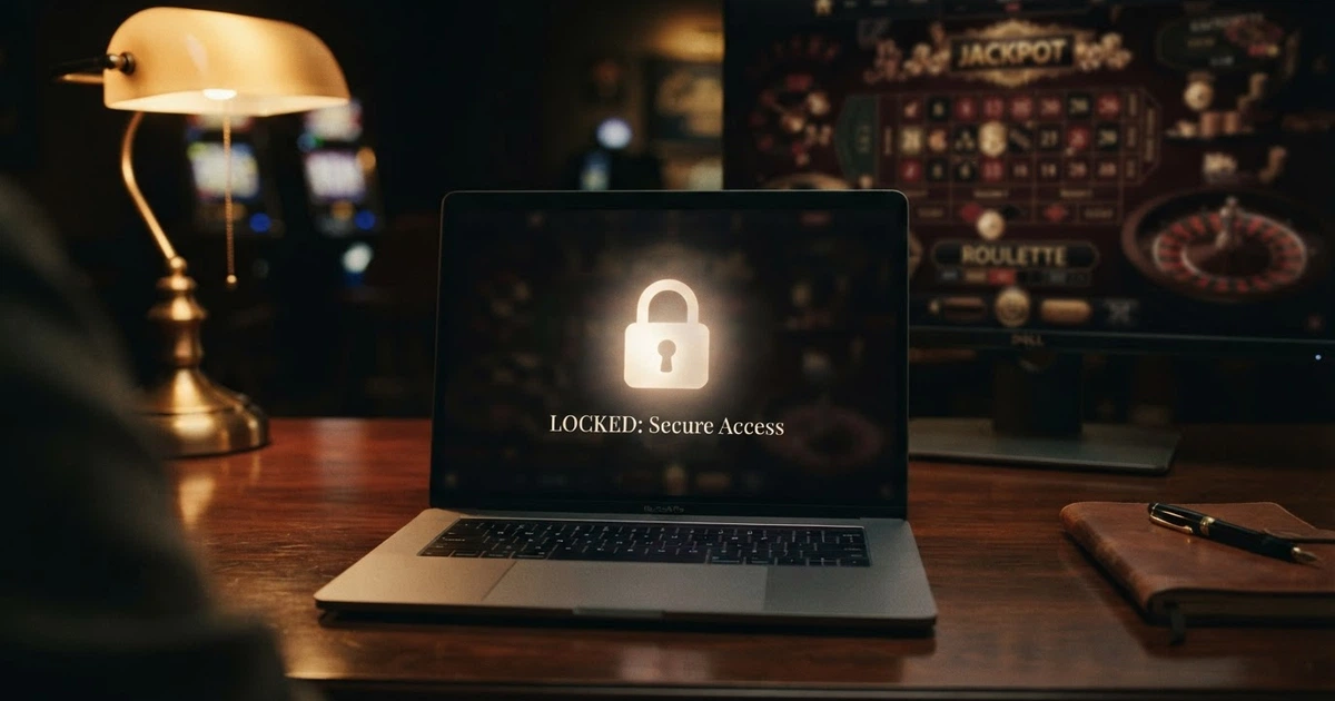 Un cadenas lumineux posé sur l'écran d'un ordinateur, avec en arrière-plan flouté une interface de casino en ligne aux couleurs sombres