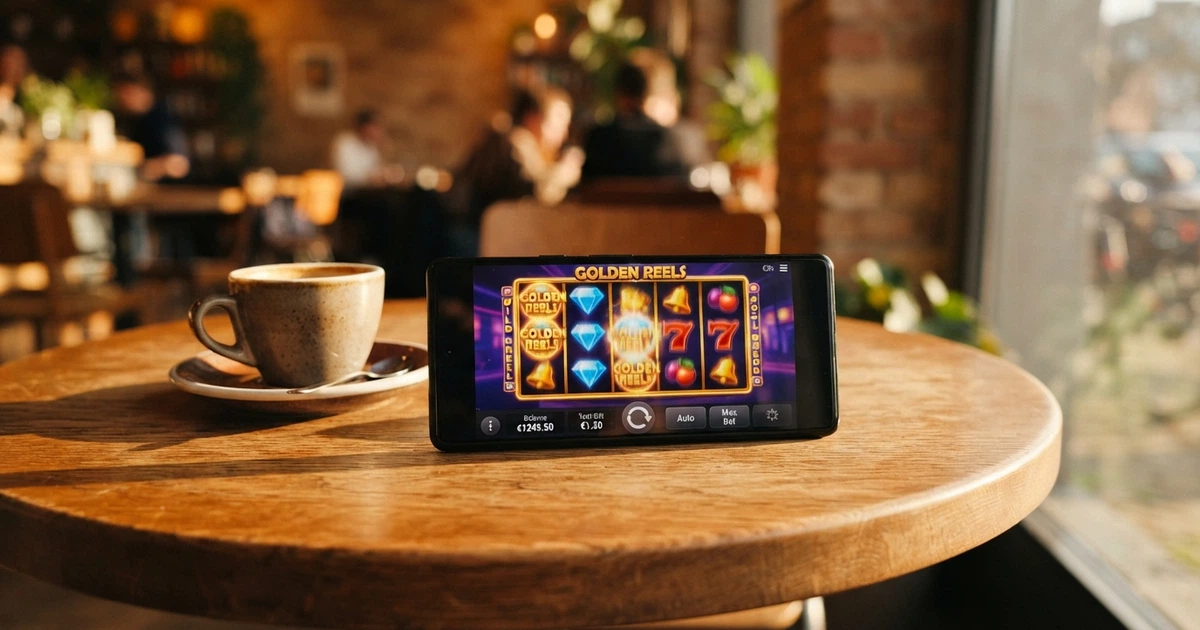 Smartphone affichant la page d'accueil d'un casino en ligne avec une machine à sous en cours de chargement, posé sur une table de café