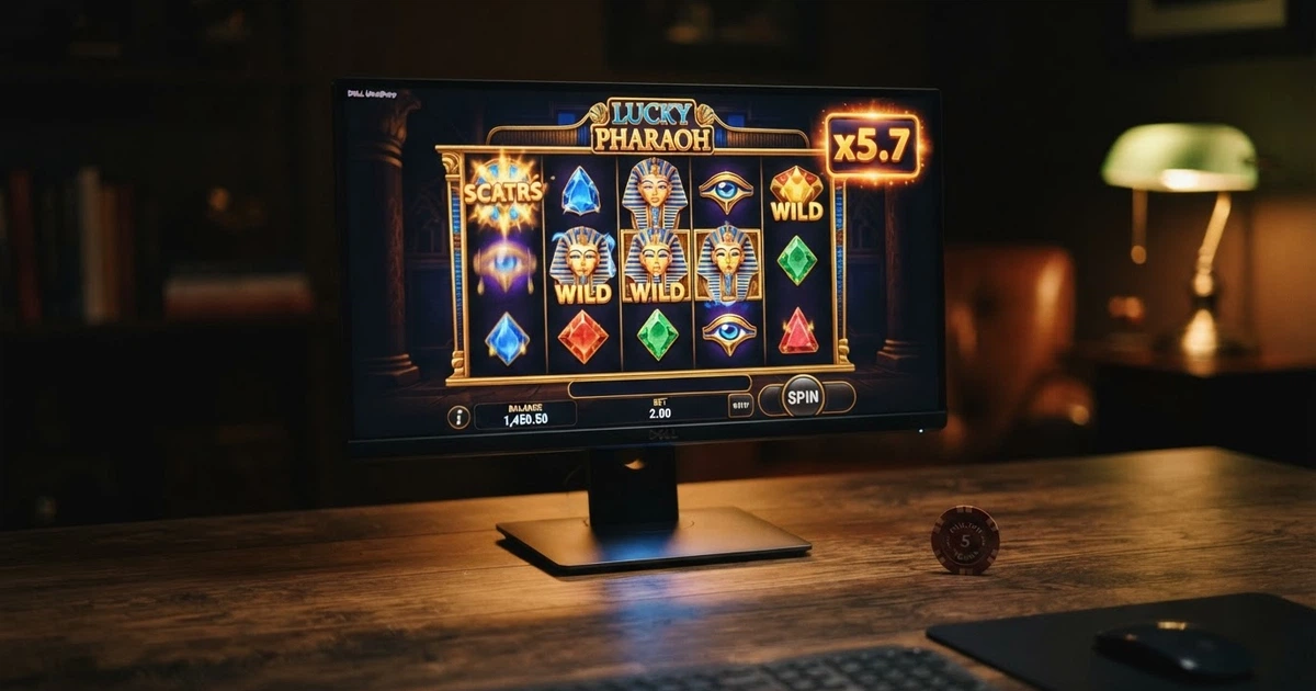 Interface d'une machine à sous Yggdrasil sur un écran d'ordinateur, avec les rouleaux en action et l'interface de mise visible, évoquant l'univers graphique soigné du studio