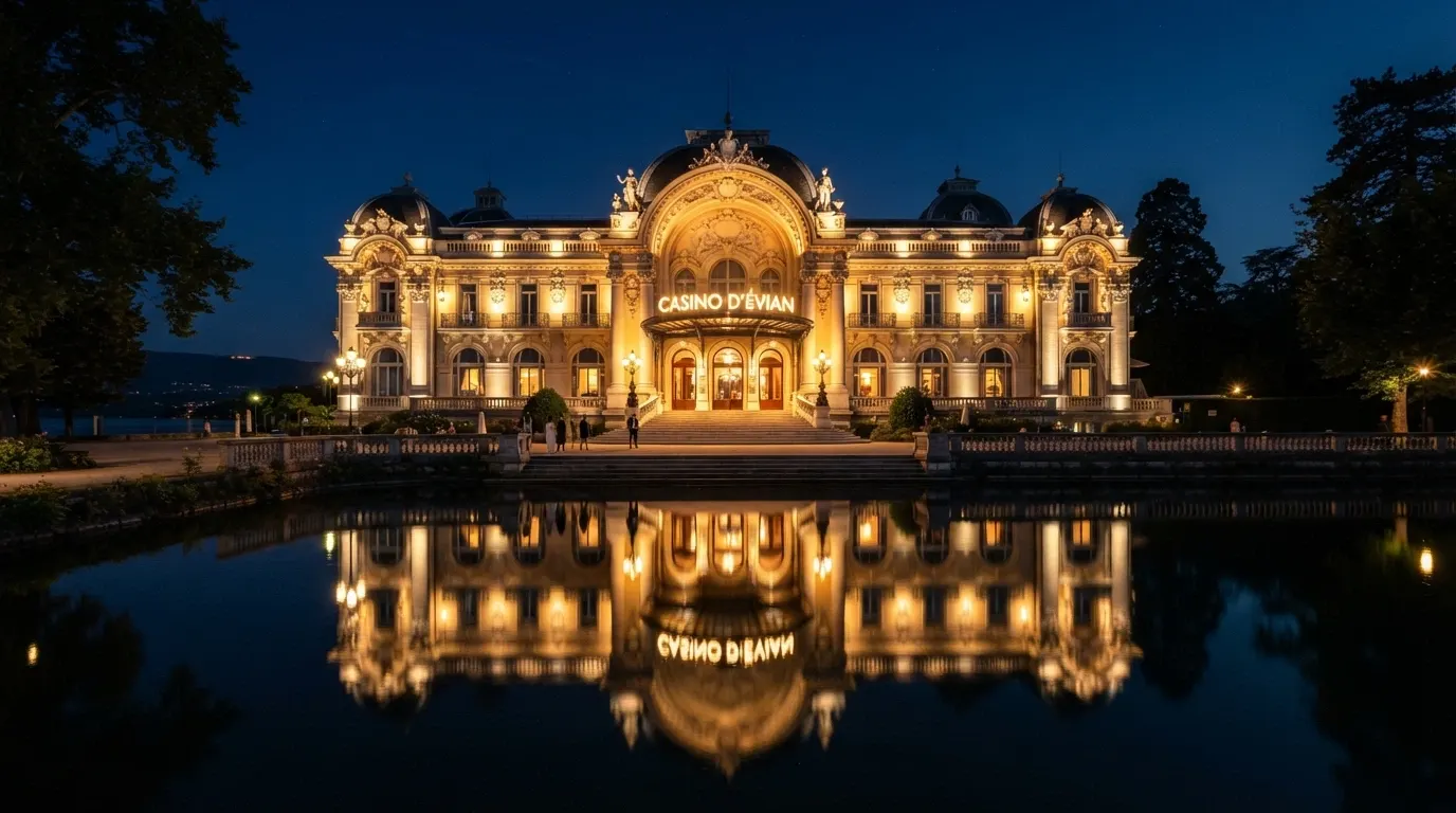 La façade illuminée du Casino Barrière d'Enghien-les-Bains vue depuis le lac, de nuit, enseigne Barrière visible.