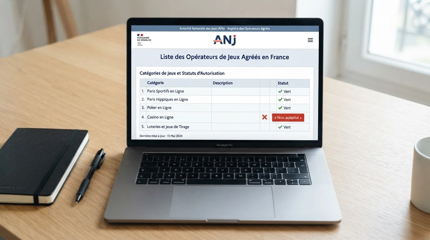 Interface du registre des opérateurs agréés de l'ANJ sur un écran, logo ANJ visible