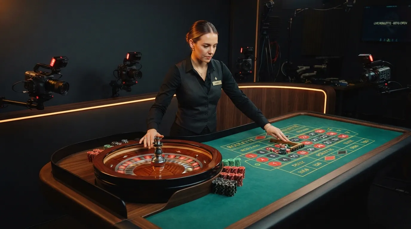 Table de roulette en direct animée par un croupier Playtech dans un studio professionnel aux lumières tamisées