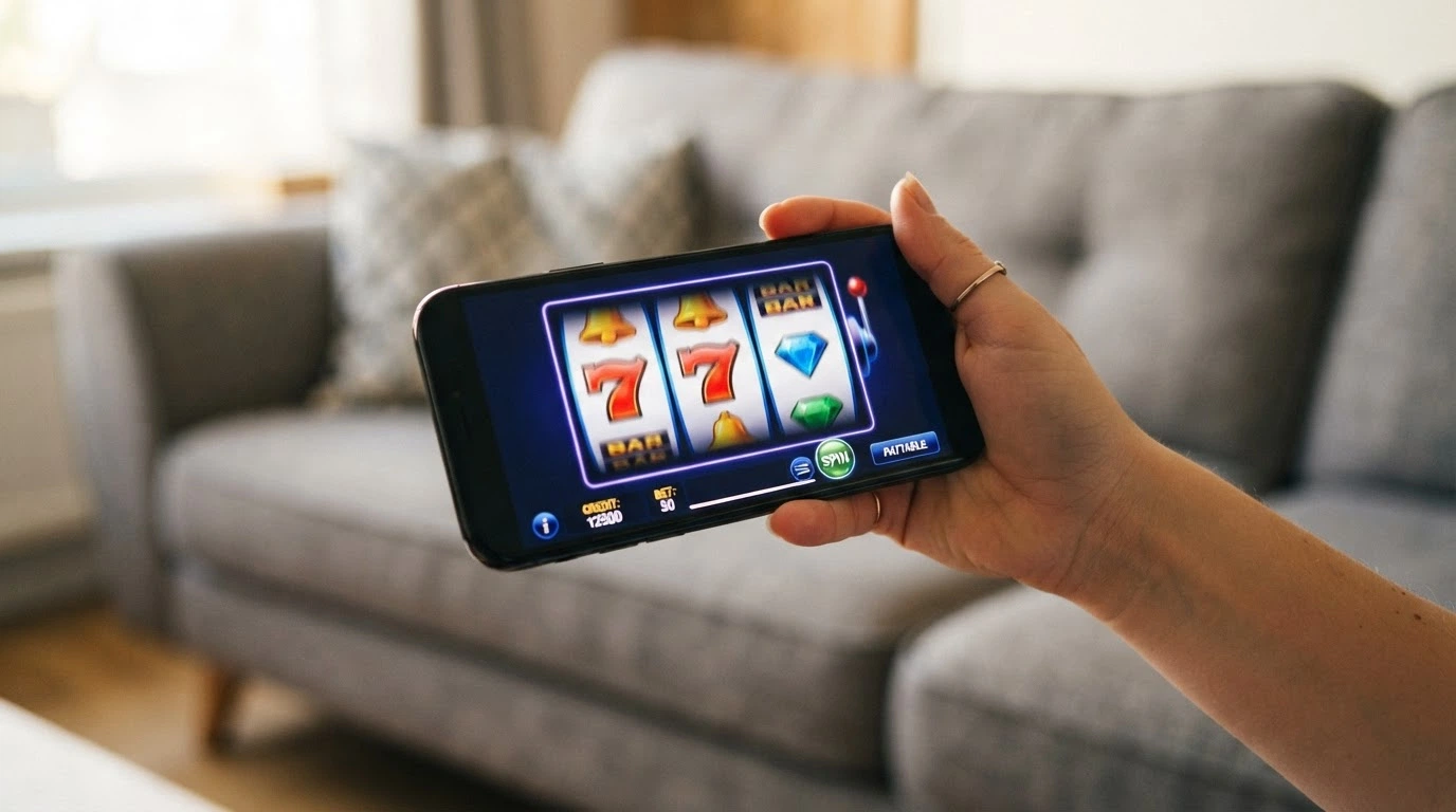 Une main tenant un smartphone en orientation paysage, l'écran affiche une machine à sous en cours de partie, l'arrière-plan est un canapé de salon, lumière naturelle