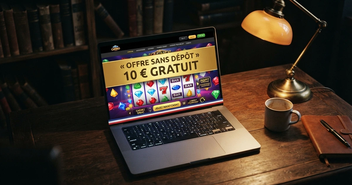 Un écran affichant la page d'accueil d'un site de casino en ligne avec une bannière « offre sans dépôt » et un ruban réglementaire français