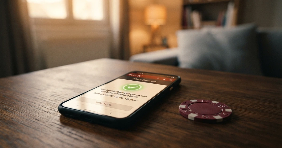 Un écran de smartphone affichant une page de dépôt de casino en ligne avec l'étape de vérification 3D Secure désactivée ou absente, à côté d'une carte bancaire posée sur une table