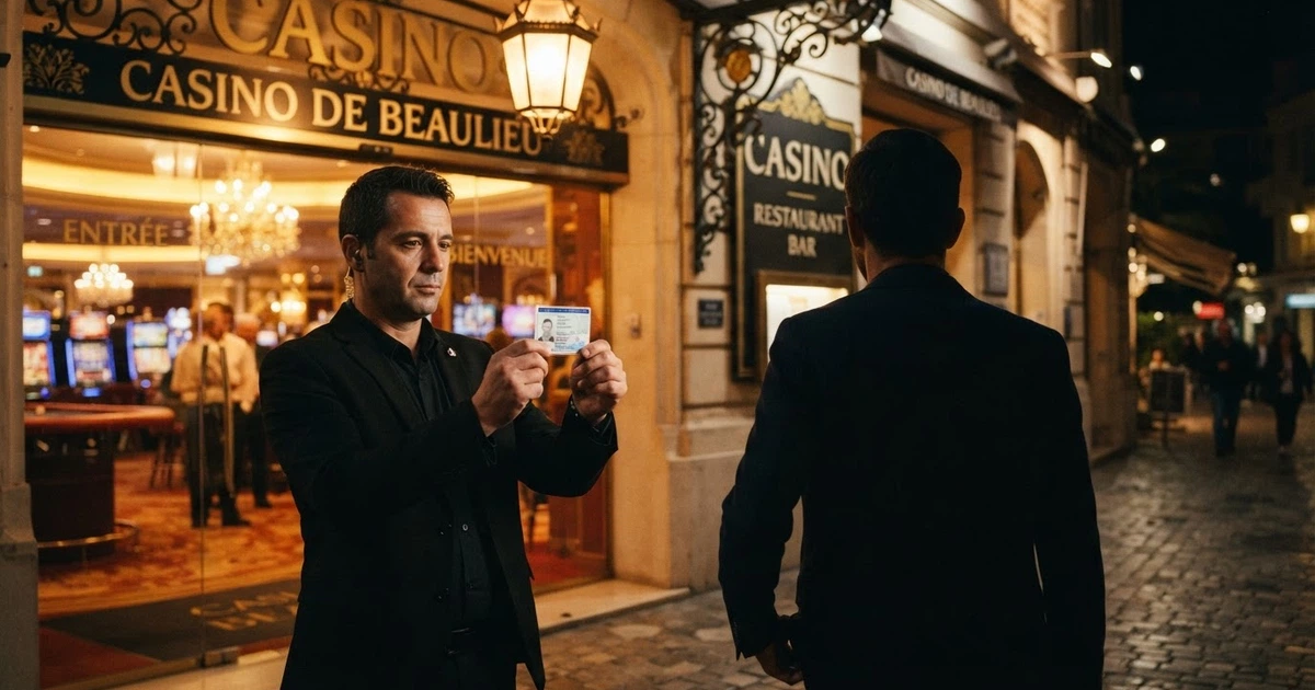 Agent de sécurité vérifiant une pièce d'identité à l'entrée d'un casino français