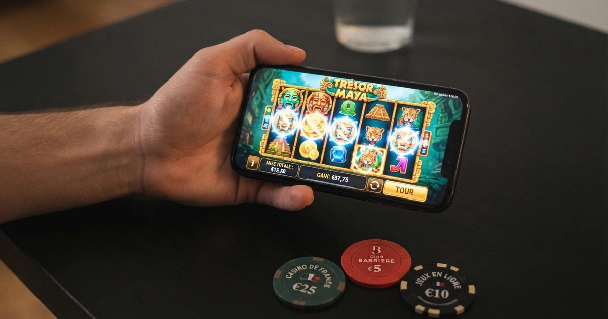 Interface d'une application de casino mobile affichée sur l'écran d'un smartphone tenu en main