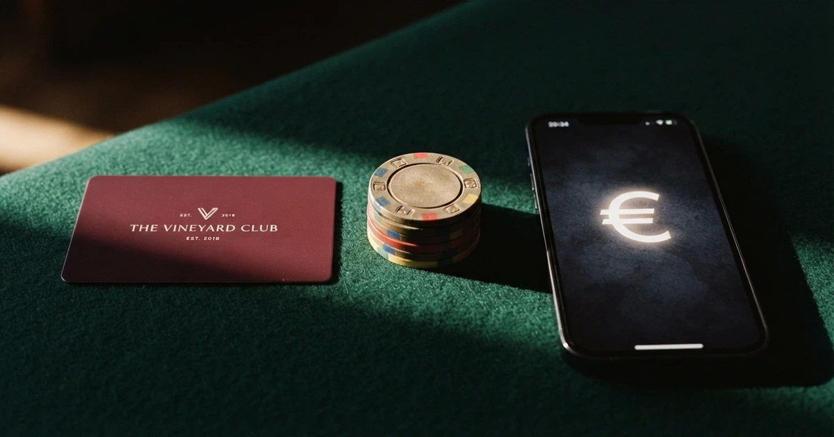 Une carte de fidélité de casino posée à côté de jetons et d'un téléphone affichant une application de casino