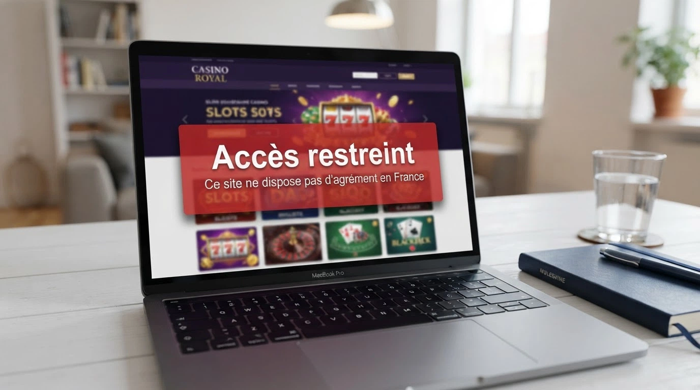 Une page d'accueil de casino en ligne barrée d'un avertissement réglementaire, avec le logo de l'ANJ visible