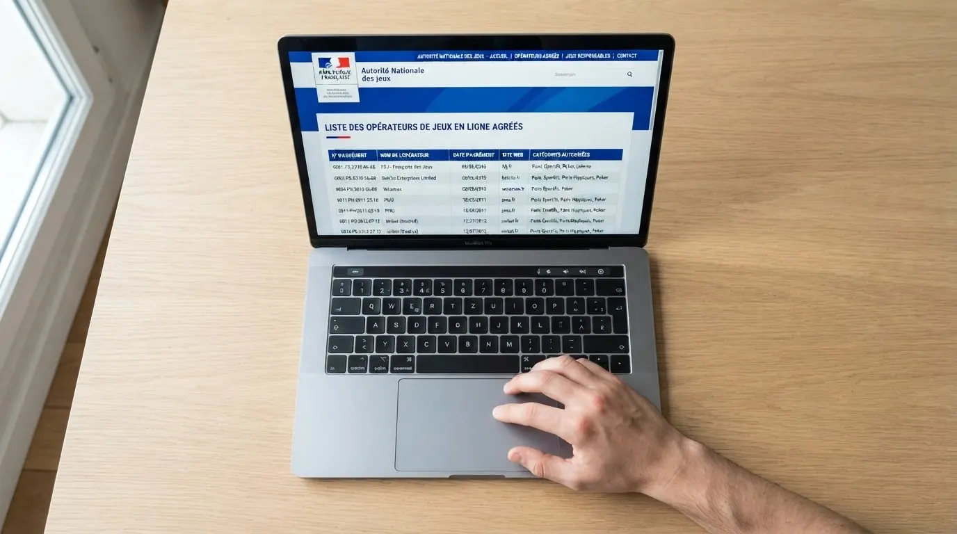 Page d'accueil du site anj.fr sur un écran d'ordinateur, avec le logo de l'Autorité nationale des jeux visible
