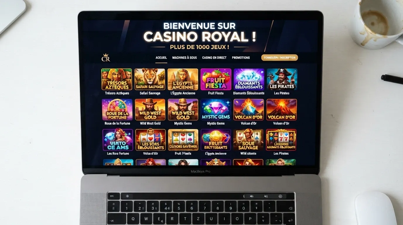 L'écran d'accueil d'un casino en ligne affichant une grille de machines à sous colorées, avec des vignettes de jeux et un bandeau de bienvenue.