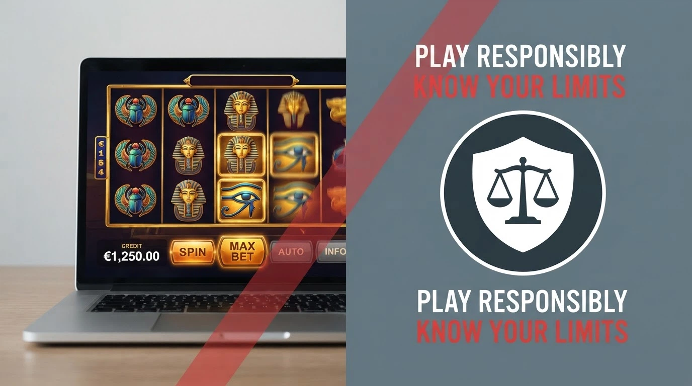 Écran divisé montrant une interface de casino en ligne d'un côté et le logo ANJ de l'autre, avec un bandeau d'avertissement en surimpression