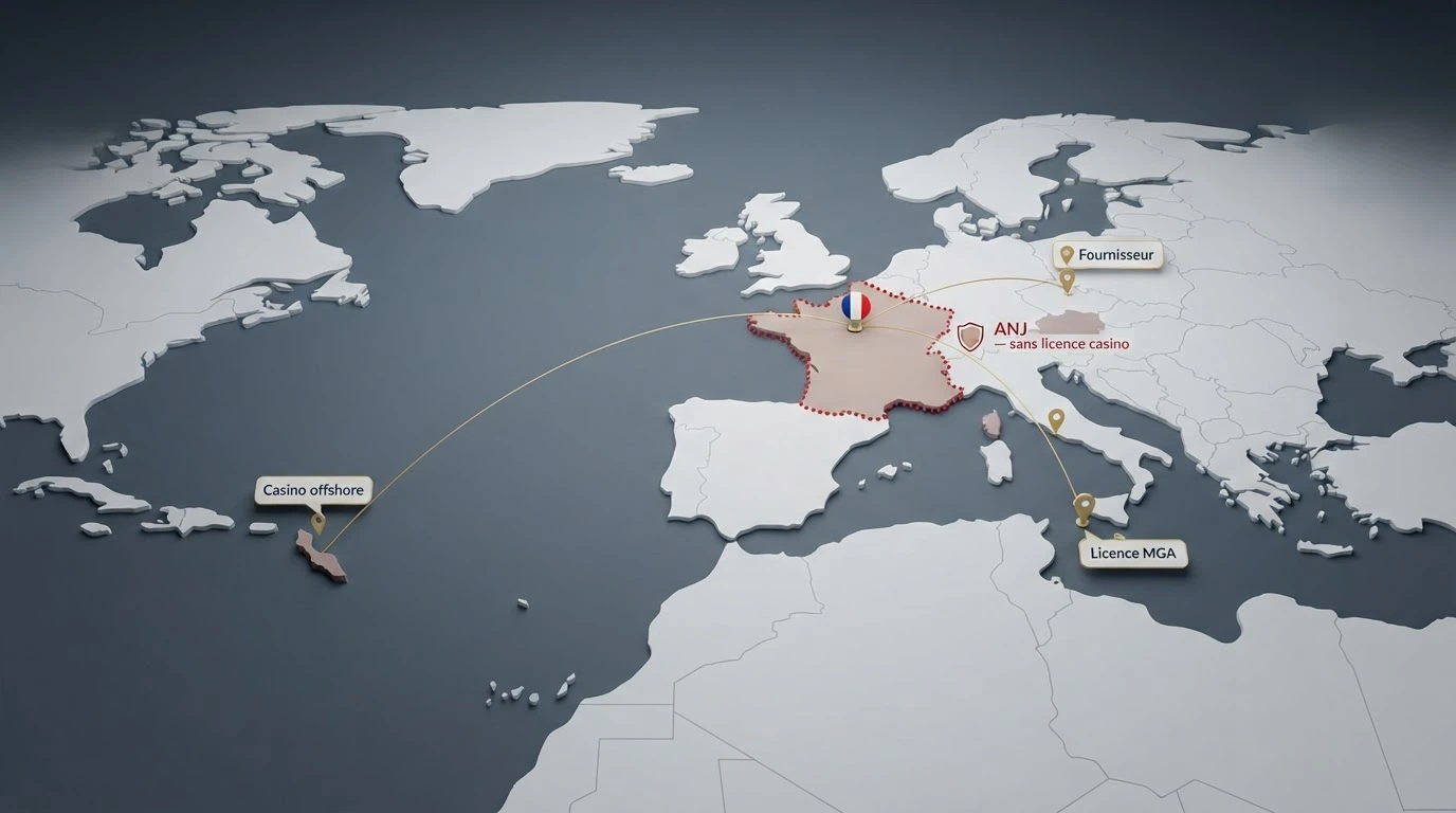 Carte ou schéma illustrant la relation entre les casinos offshore (Curaçao), le fournisseur Novomatic (Autriche) et le joueur français