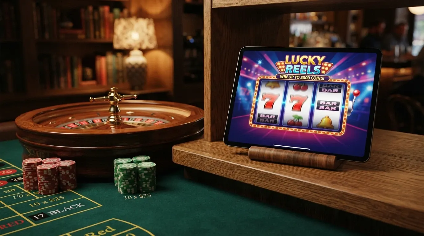 Un écran partagé entre une machine à sous flamboyante, une table de roulette et un croupier en direct, représentant les trois catégories de jeux disponibles hors ANJ.