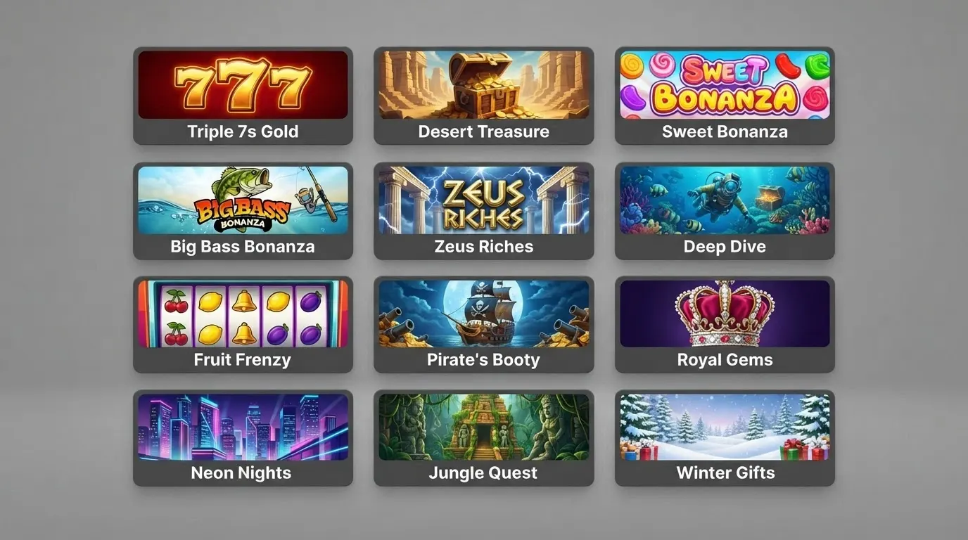 Une sélection variée de vignettes de machines à sous gratuites — classiques, vidéo, jackpots — présentées en grille dans une interface de portail de jeu
