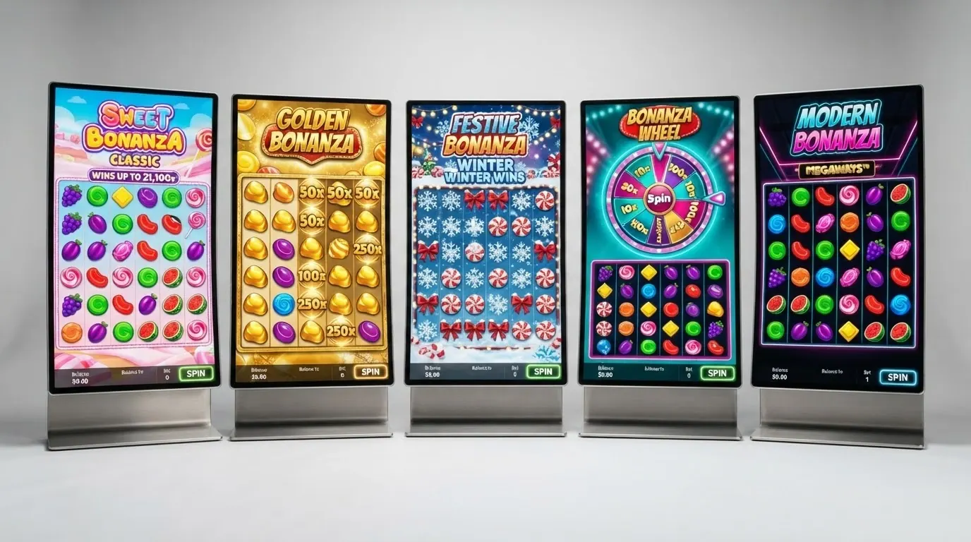 Aperçu visuel des cinq déclinaisons de Sweet Bonanza côte à côte : classique, 1000, Xmas, 2500 et le plateau de Candyland live