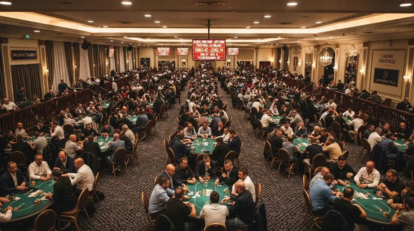 Une salle de tournoi de poker dans un grand casino français, écrans affichant les blindes et le prize pool, tables remplies de joueurs