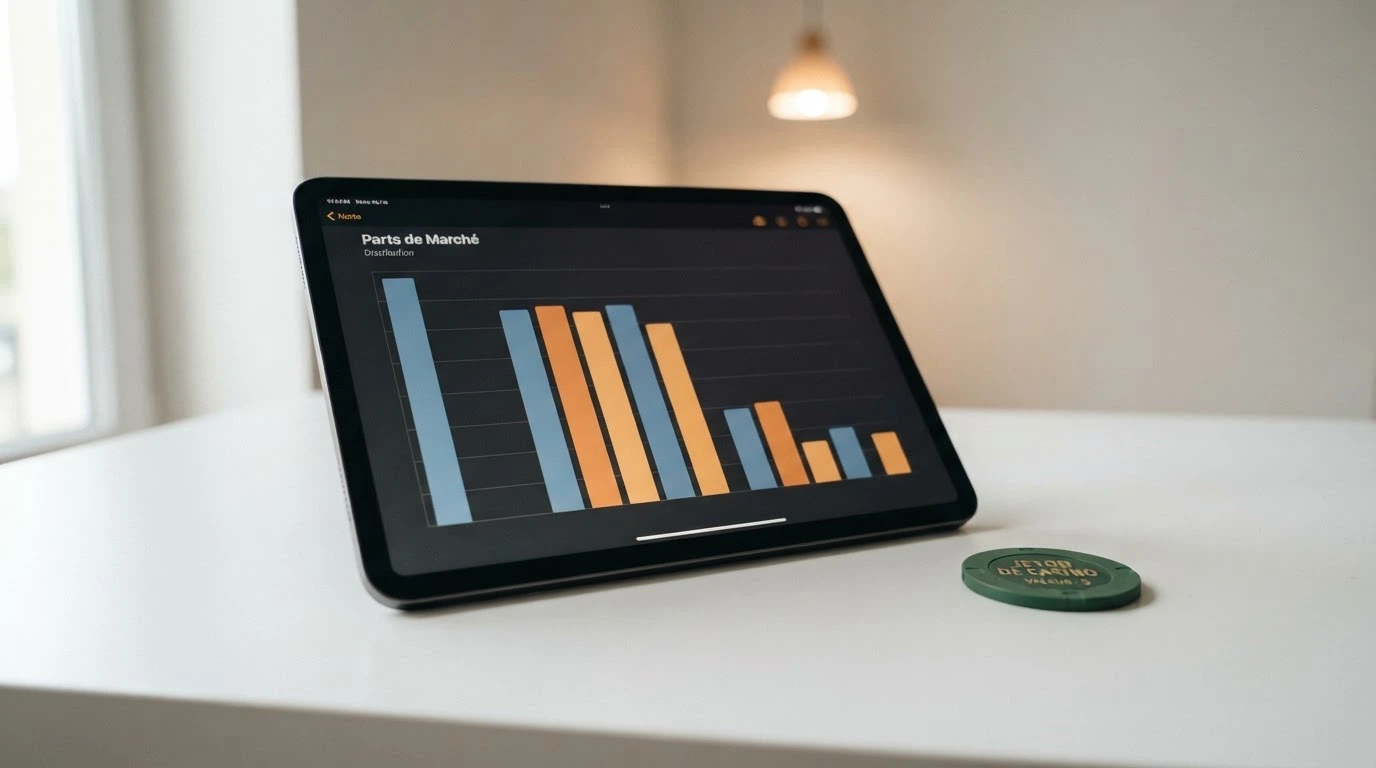 Une interface de classement ou de tableau comparatif stylisé montrant plusieurs logos de casinos en ligne avec des notes et des parts de marché en pourcentage