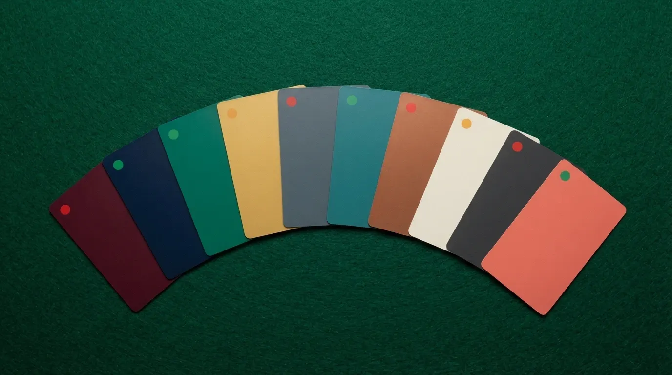 Une rangée de dix cartes de casino disposées en éventail, avec leur nom, leur logo et une pastille de couleur indiquant leur politique VPN