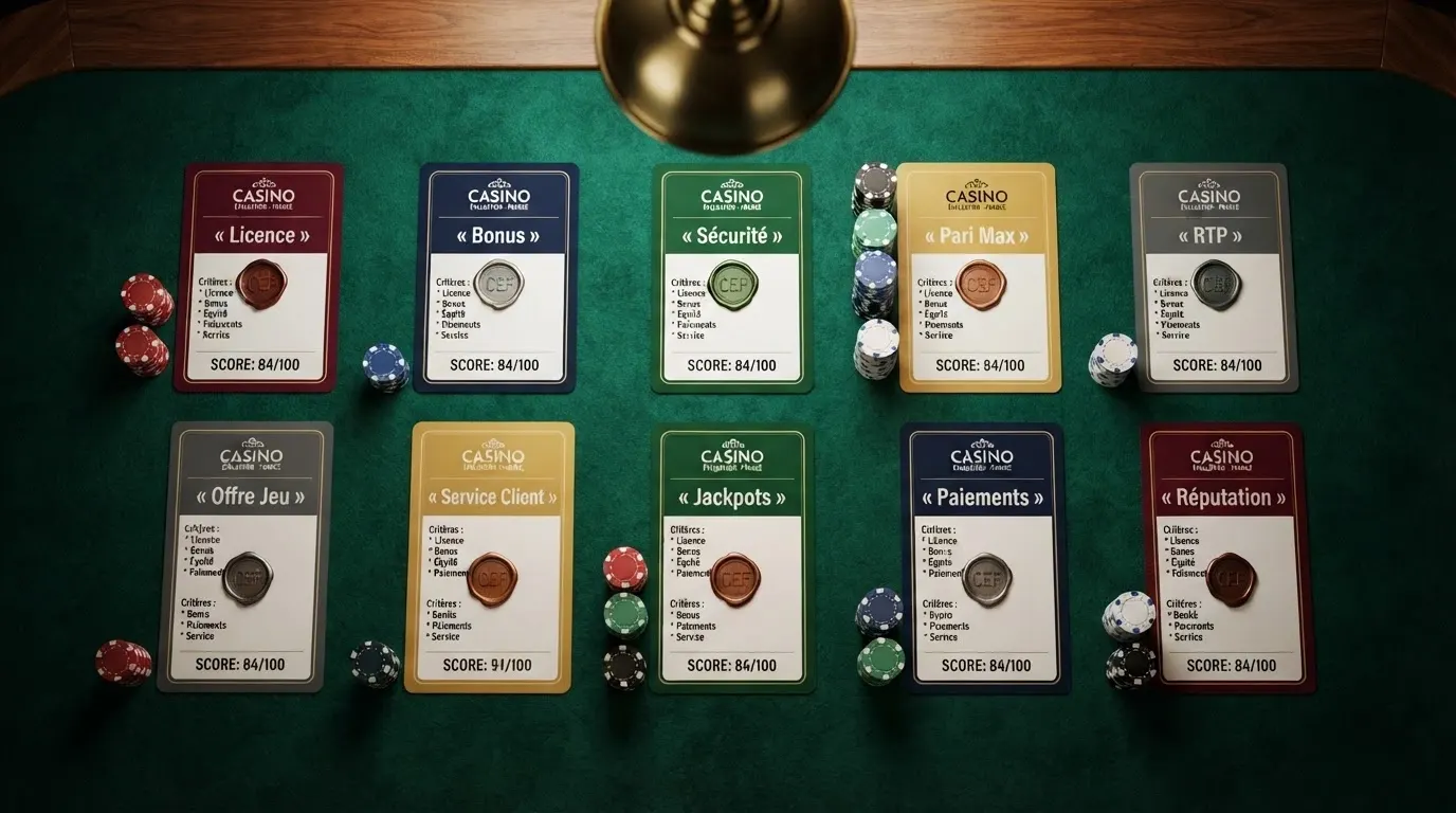 Dix cartes de casino alignées sur une table de comparaison, chaque carte portant un nom, un montant de bonus et un drapeau de licence